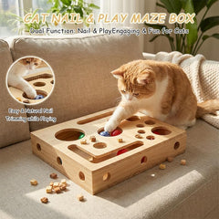 Caja de enriquecimiento para gatos con lija interior para limar uñas durante la interacción.