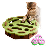 Caja de enriquecimiento para rascar gato con laberinto, estimula juego mental.