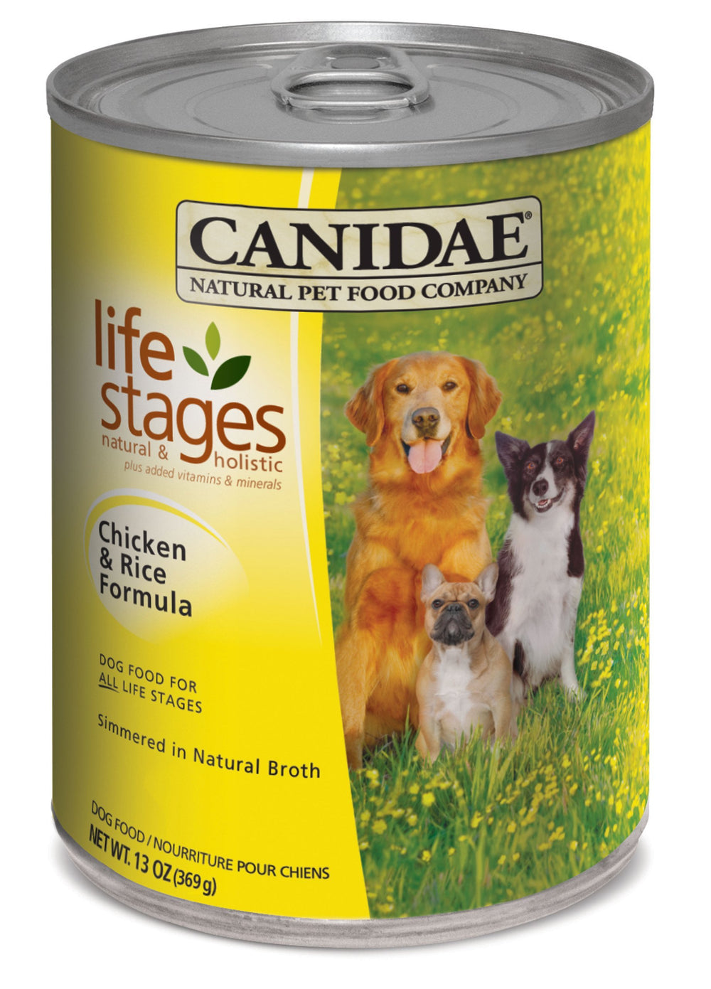 CANIDAE Etapas de Vida en lata con pollo y arroz; sabor para perros.