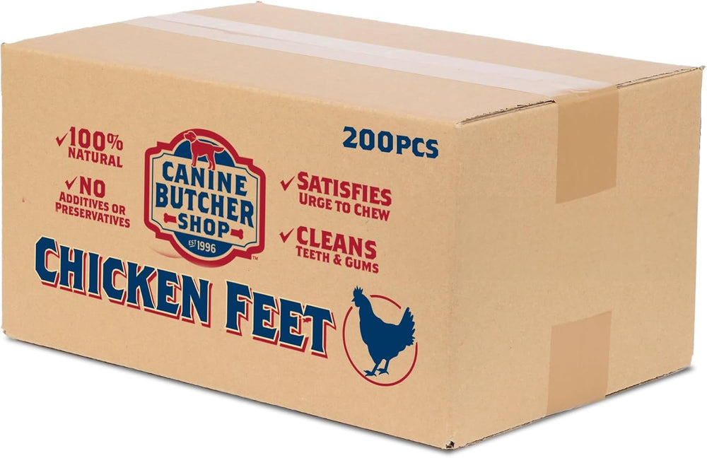 Canine Butcher Shop patas de pollo deshidratadas 200 unidades, crujido natural para perros activos.