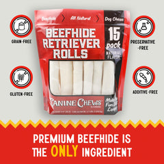 Canine Chews rollos de res natural para perros grandes con sabor suave.