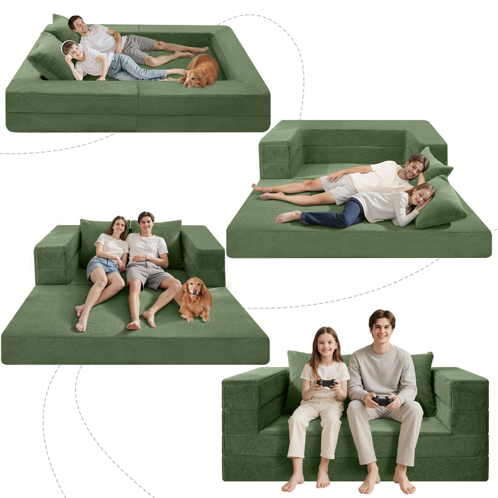 Cansunna cama humano-perro gigante en modo sofá para descanso compartido.