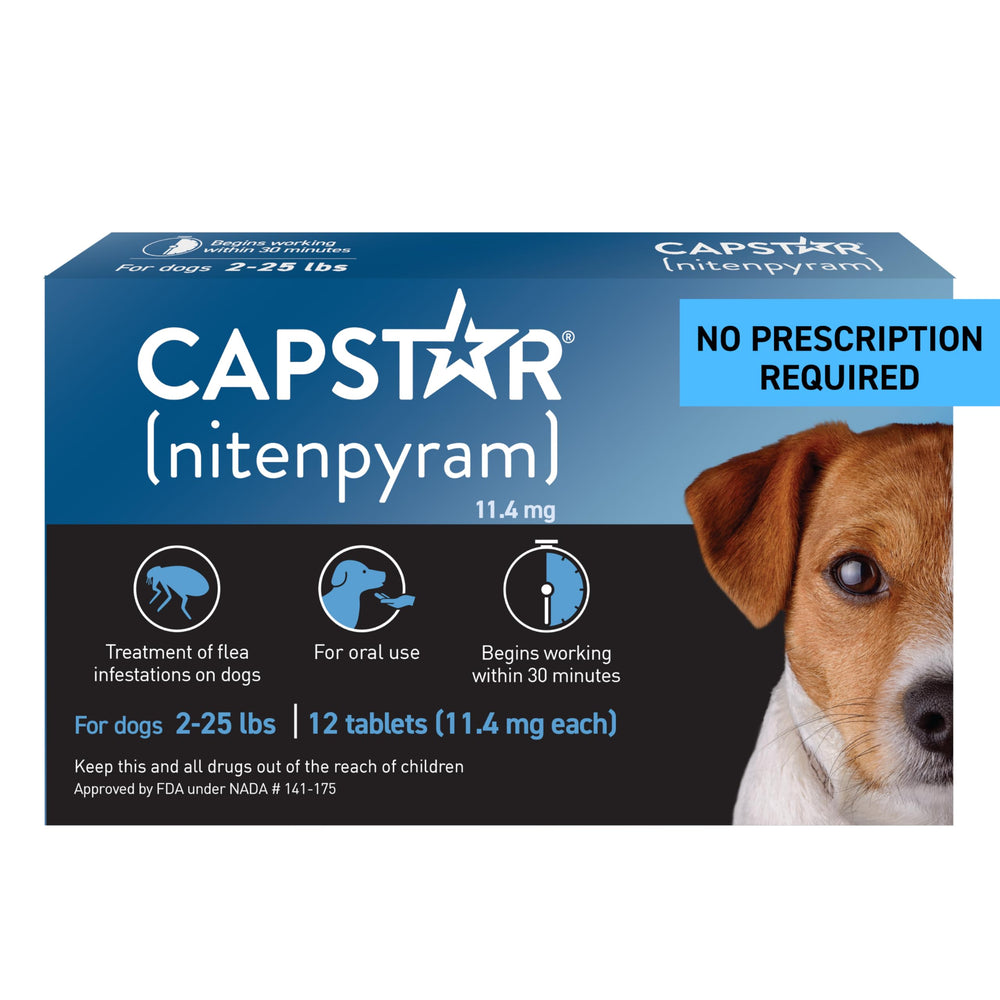 Capstar: tabletas para perro en empaque, acción rápida contra pulgas.