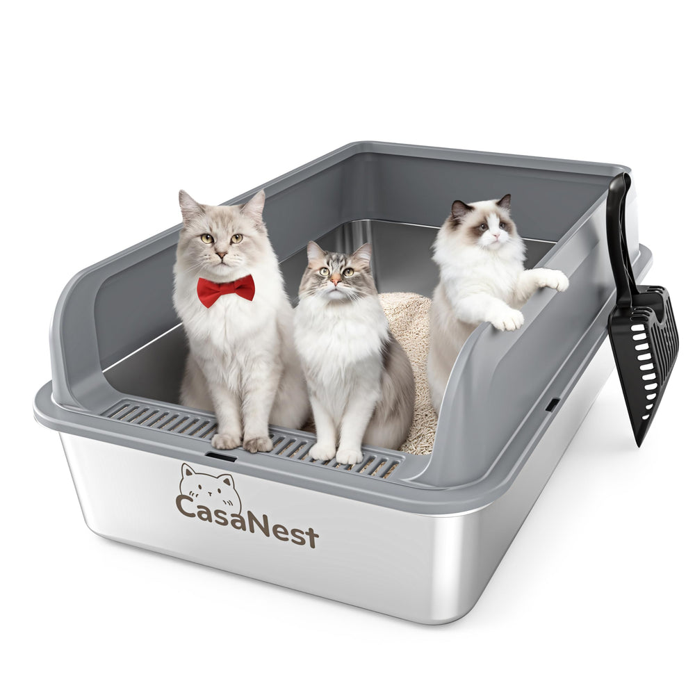 CasaNest XXXL, vista frontal de la caja de arena en acero, acceso cómodo para gatos grandes.