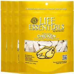 Cat-Man-Doo Life Essentials muestra pollo entero deshidratado, perfecto como snack natural para perros y gatos.