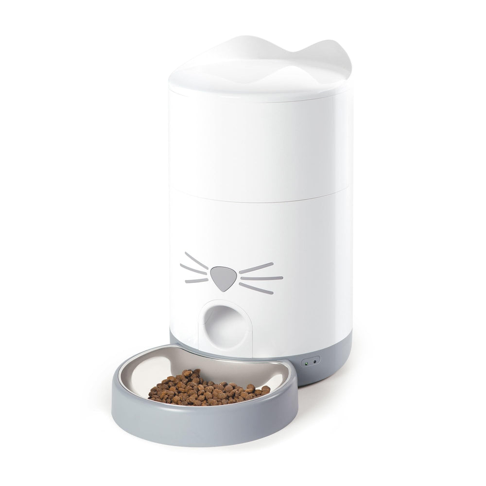 Catit PIXI Smart Feeder con reservorio y orejas para apertura fácil del alimento.