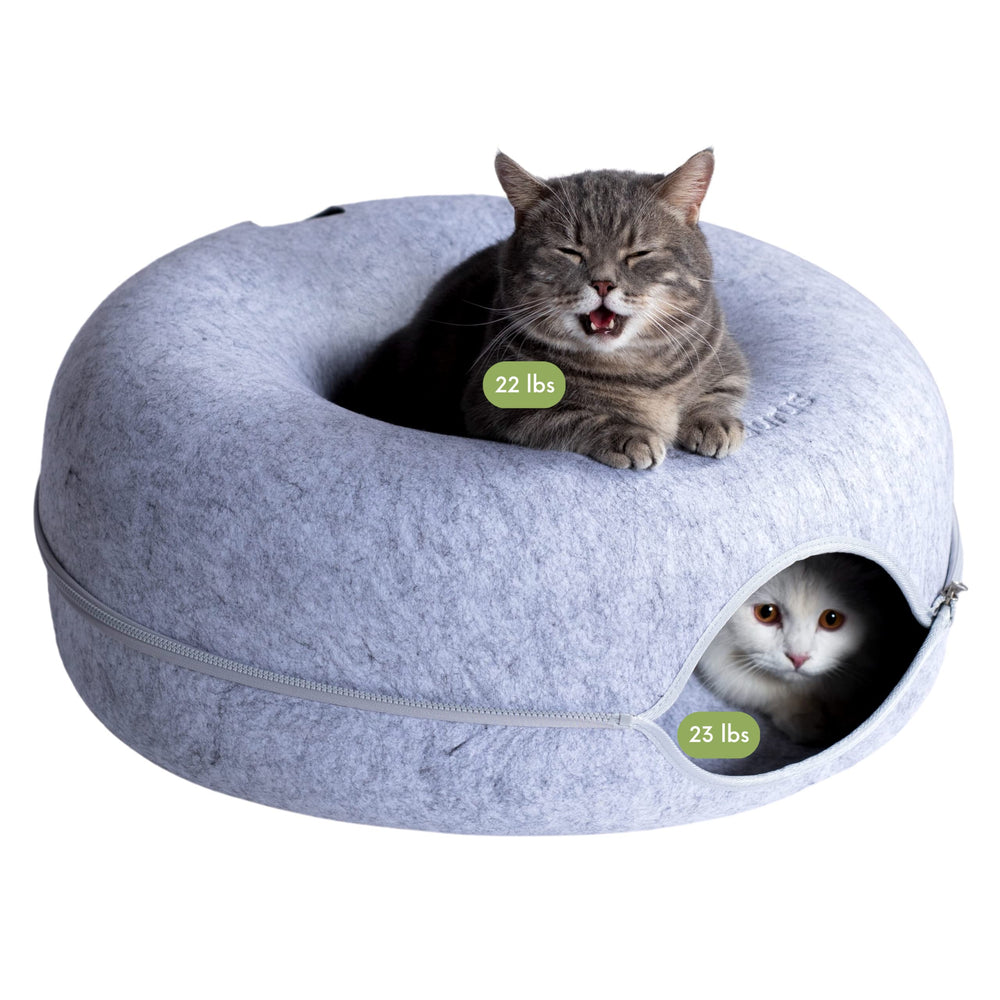 Cattasaurus Peekaboo: vista general de la cueva-dona gris claro para gatos grandes.