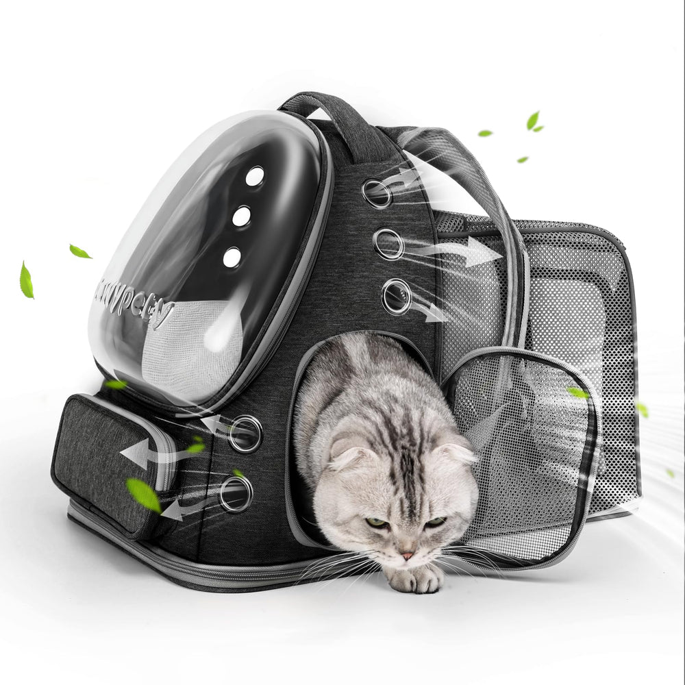 Mochila expansible Cawypety con ventana de burbuja para observar al gato durante el viaje.