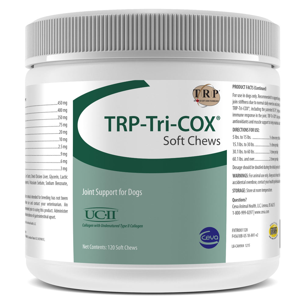 Presentación de Ceva TRP Tri-COX masticables suaves para articulaciones caninas.