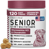 Chew + Heal Labs multivitamínico senior para perros, frasco de 120 golosinas para movilidad.