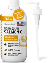 Aceite de salmón Chew + Heal Labs para perros y gatos, promueve pelaje saludable.