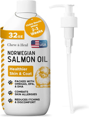 Aceite de salmón Chew + Heal Labs para perros y gatos, promueve pelaje saludable.