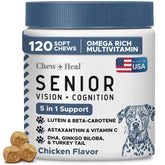 Botella de Chew + Heal Labs para visión de perros mayores, posible apoyo a la claridad visual.