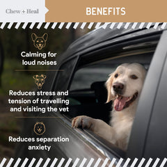 Chew + Heal Labs Calming Chews con thiamina y L-triptófano para balance emocional.