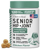 Chew + Heal Labs frasco de masticables para perros senior, apoyo a la movilidad.