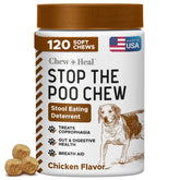 Chew + Heal Labs No Poo para perros, masticables sabor pollo, mejora aliento y digestión.