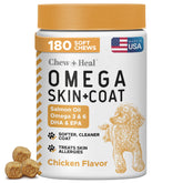 Chew Heal Labs Omega para perros, botella, promueve piel sana y pelaje brillante.