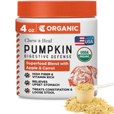 Chew + Heal Labs polvo orgánico de calabaza en bote para digestión suave.