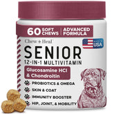 Chew + Heal Labs frasco de 60 bocados para perros senior, apoyo a movilidad.
