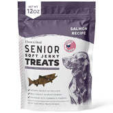 Chew + Heal Labs Senior Soft Jerky Salmón 12 oz, empaque práctico para perros mayores.