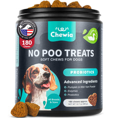 CHEWIA No Poo Chews para perros, empaque visible, enfoque en deterrencia de coprofagia