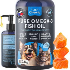 CHEWIA omega3: botella de aceite de pescado para perros y gatos, fácil de usar.