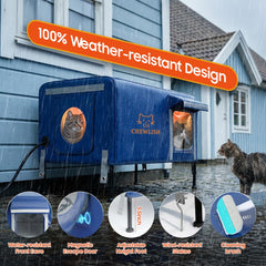 Chewlish casa-gato-exterior-tejado-impermeable ofrece protección frente a lluvia y viento.