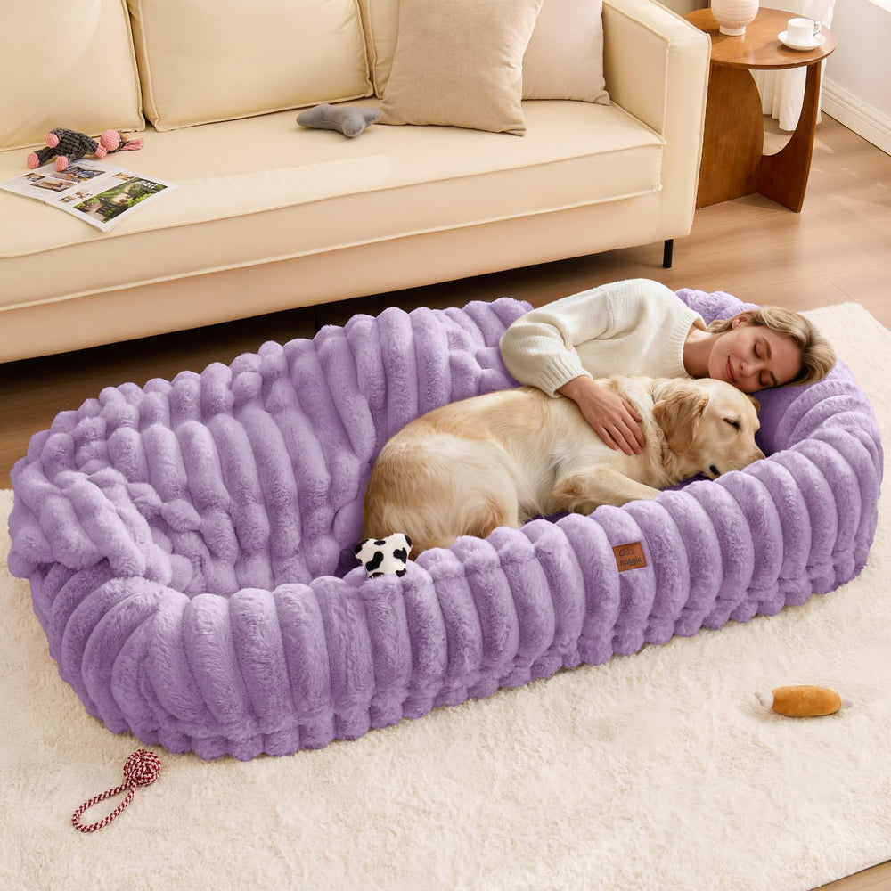 ChiXnuggle cama humana para perro XXL, morado con rayas, descanso compartido ideal