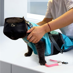 Cinf bozal y bolsa de grooming azul, combinación para manejo suave del gato.
