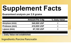 CK Formulations Pancretase, composición de enzimas amilasa, proteasa y lipasa para digestión de carbohidratos, proteínas y grasas.