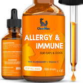 Clear Max alivia alergias en perros; botella de 60 ml para uso diario.
