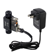 Clscea válvula solenoide inline, vista frontal, diseño compacto para acuario y bajo consumo.