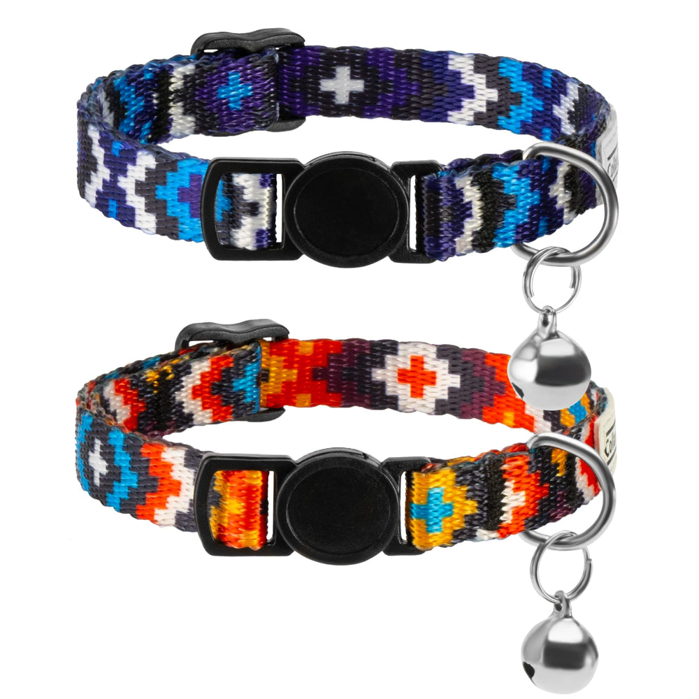 CollarDirect Azteca para gatos en azul y naranja con diseño tribal, cómodo y ajustable.