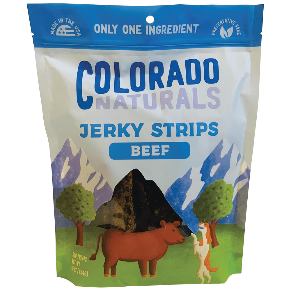 Colorado Naturals jerky de res en empaque frontal, ideal como premio de entrenamiento.