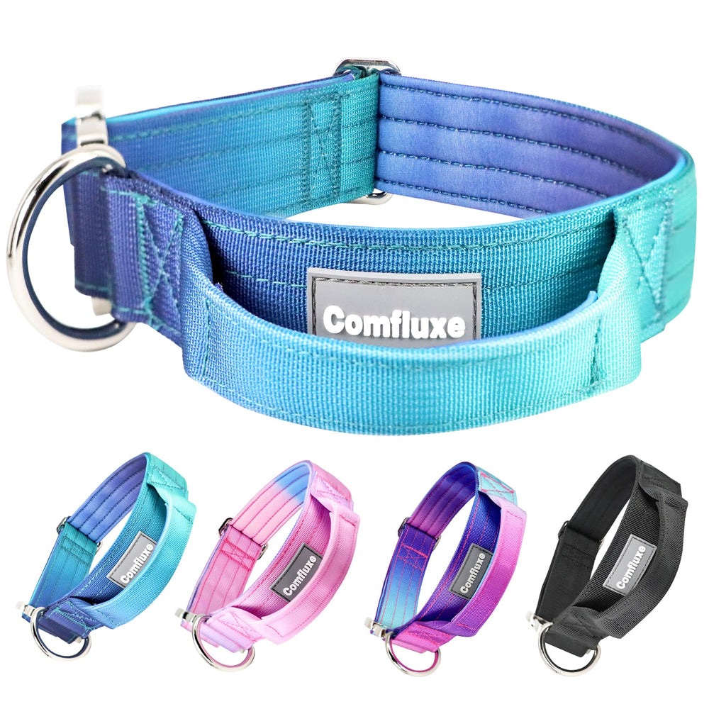Collar táctico Comfluxe para perro mediano, vista frontal azul, cómodo y seguro.