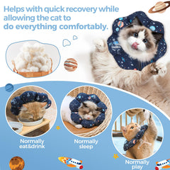 Collar ComSaf evita que el gato lama heridas, protección suave.