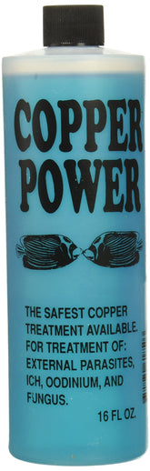 Copper Power Endich, botella azul, tratamiento para peces marinos para mantener el acuario estable.