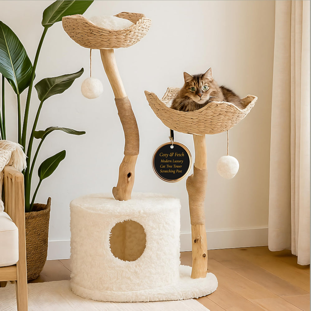 COZY & FETCH torre árbol gatos, torre-arbol-gatos-madera-real-blanco-46, ideal para juego y descanso.