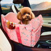 Cullaby asiento consola para perro, vista frontal, comodidad y seguridad en viajes.