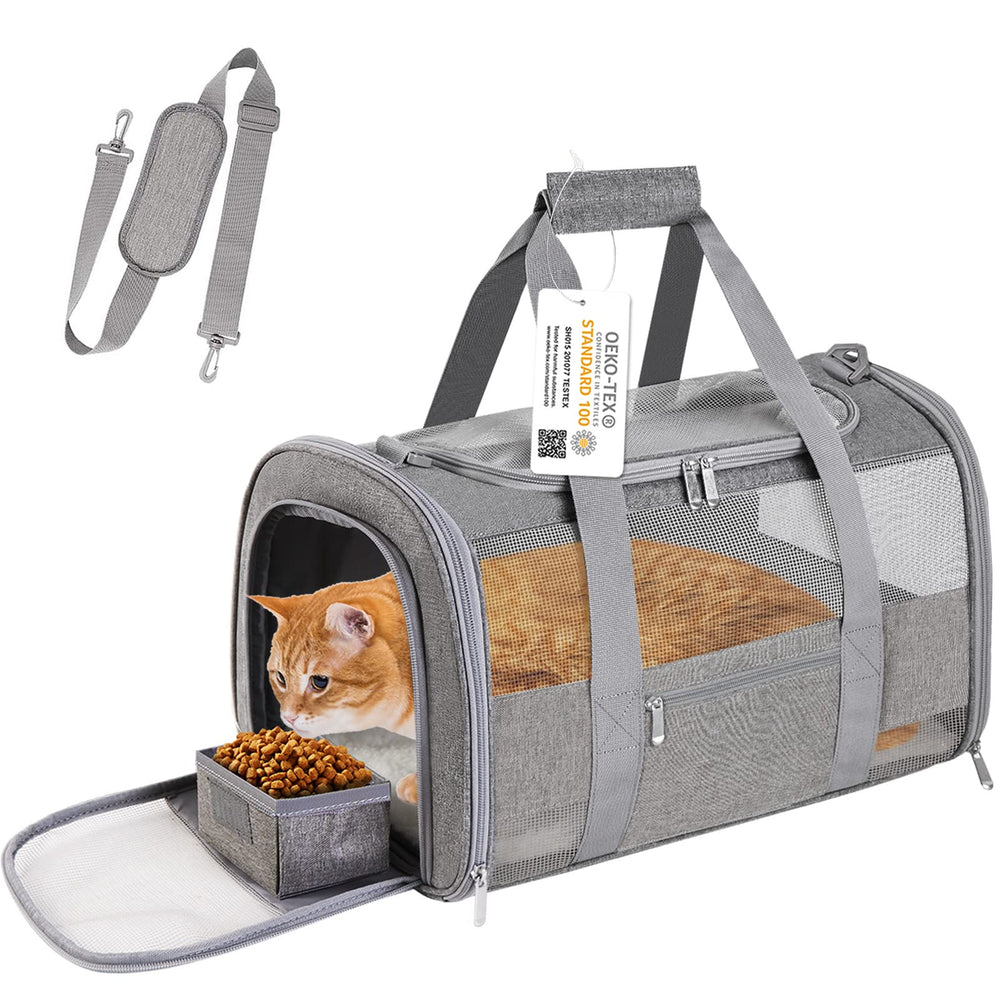 Portador blando para gatos CUSSIOU, vista frontal con malla para buena ventilación.