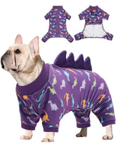 Pijama CuteBone dinosaurio para perro, vista frontal, cómodo para paseos diarios.