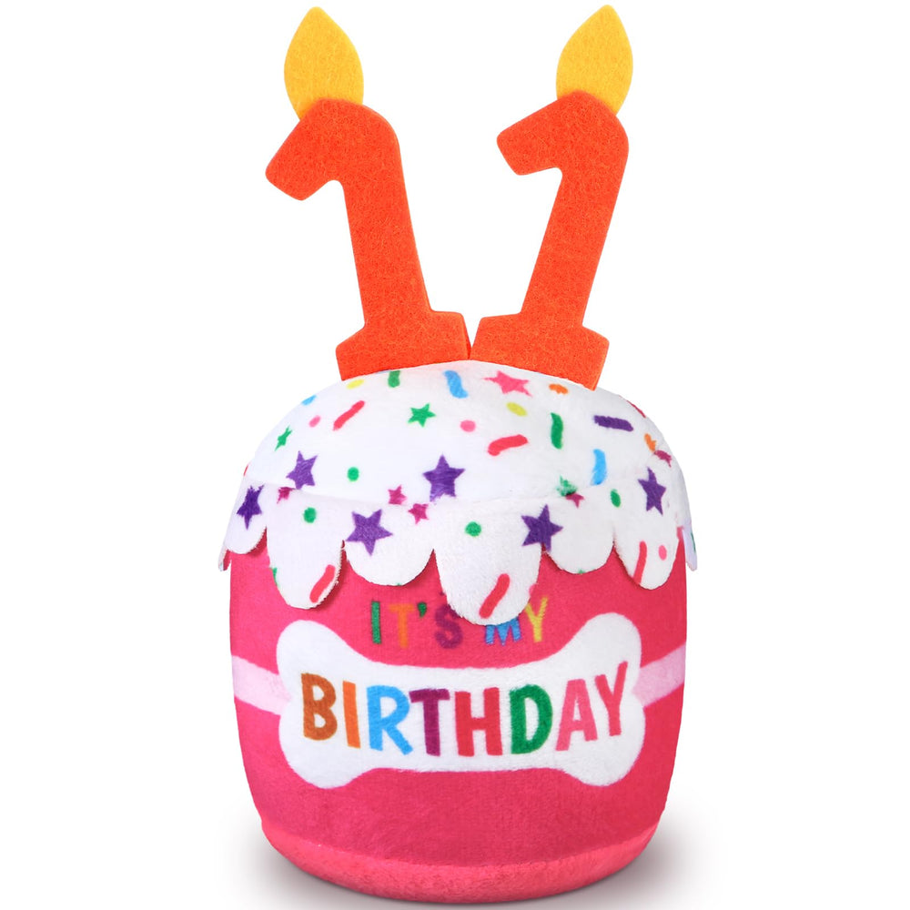 Dansydaisy peluche torta de cumpleaños para perro en rosa, ideal como decoración y regalo.