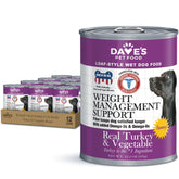 Dave's Pet Food muestra control de peso en lata con pavo y verduras.