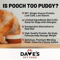 Dave's Pet Food: lata con proteína única de pollo, ingrediente principal.