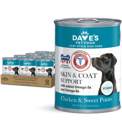 Dave's Pet Food, lata de 375 g para piel sensible y pelaje brillante con pollo y patata dulce.