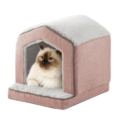 DEBANG HOME casa gato ortopédica rosa, vista frontal para descanso cómodo.