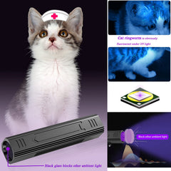 Denlydom luz UV 365nm para revisión de piel en mascotas.