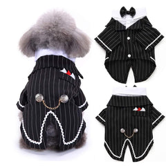 DENTRUN tuxedo para perro con corbatín blanco, ideal para bodas y sesiones formales.