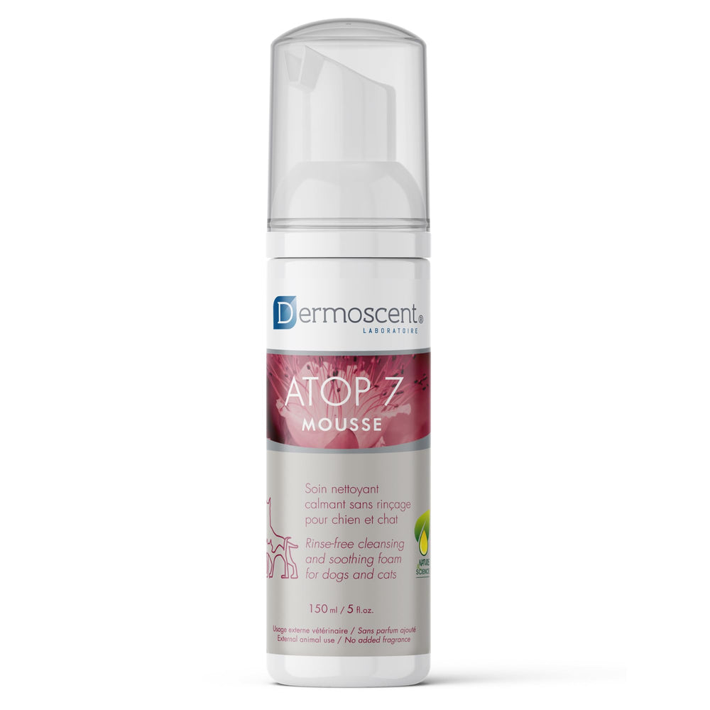 Dermoscent ATOP 7 Mousse: textura de espuma para limpieza sin agua y desodorización suave.