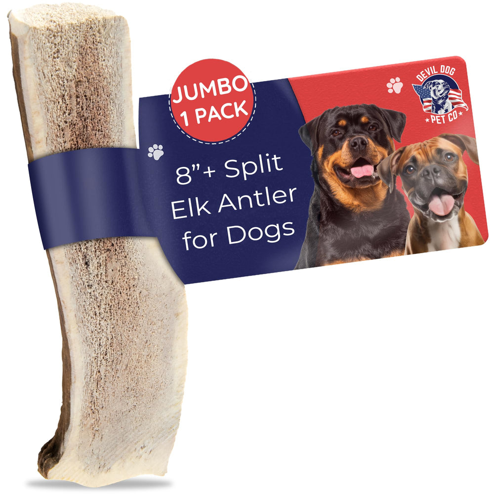 Devil Dog Pet Co. astas de ciervo divididas de 8 pulgadas para masticación prolongada.